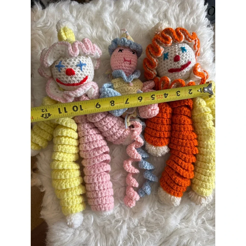Handmade Crochet Clown Doll Set 3pc Amigurumi Circus Core Plush Yellow Pink Blue